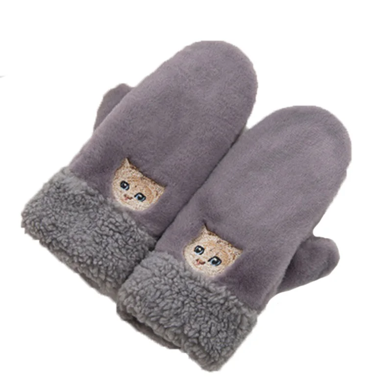 

Female Cute Cartoon Cat Embroidery Plus Velvet Thick Warm Driving mittens Women Winter Cashmere Knit Touch Screen Gloves H74