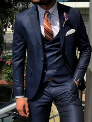 Anniebritney Donkerblauw 3 Stuk Slanke Mannen Mode Pak Cutsom Bruidegom Wedding Tuxedo Prom Bruiloft Tailor Made Mannen Pak Met broek