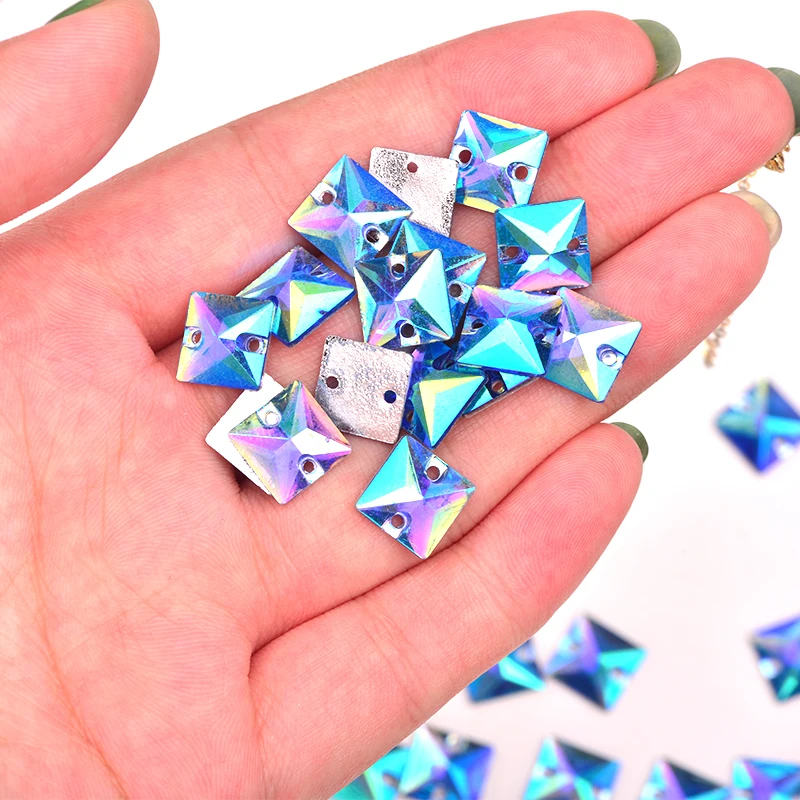 JUNAO 10mm Aquamarine AB Square Crystals Sew On Rhinestone Flatback Resin Gems Sewing Crystal Strass Beads for Clothes Crafts