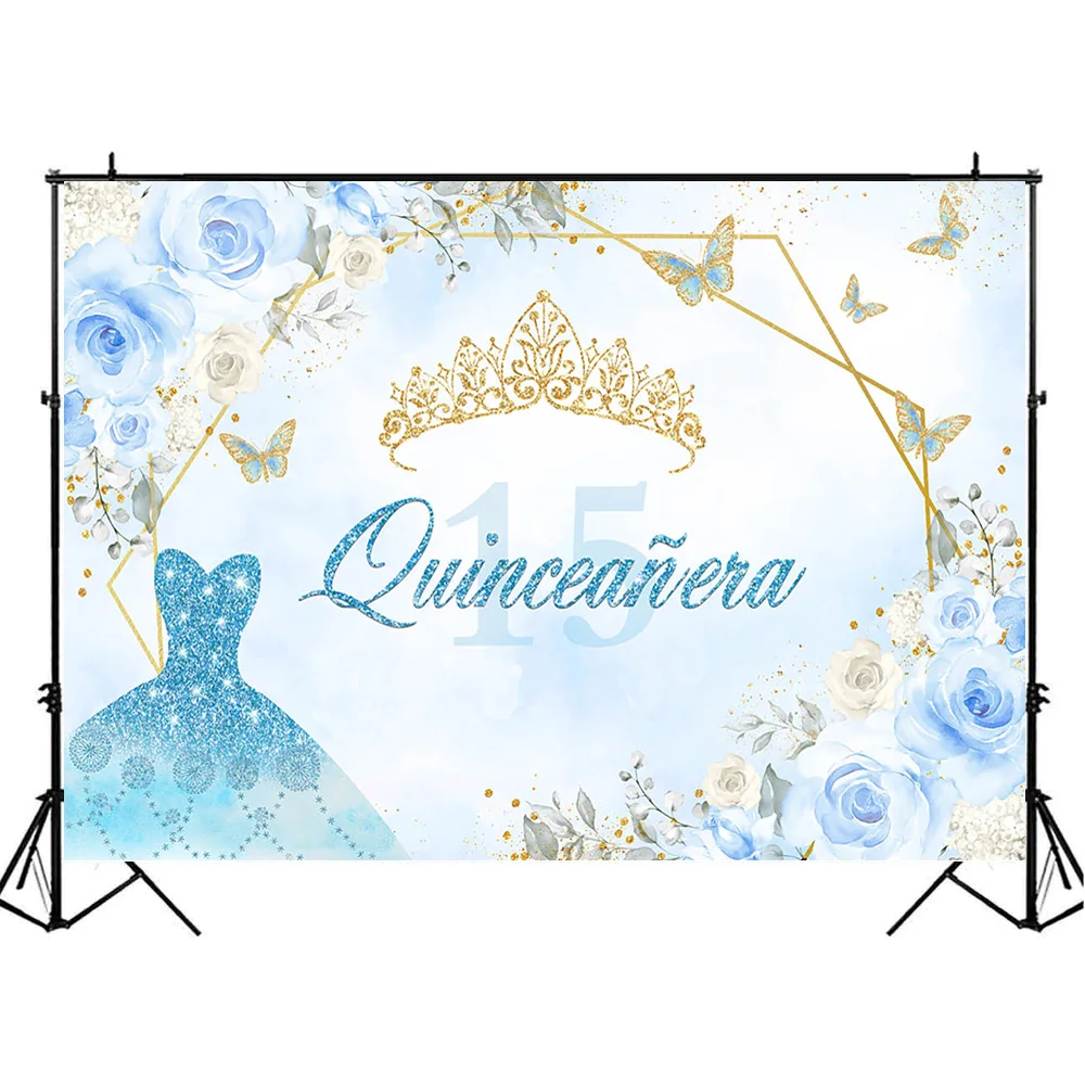 Mocsicka Quinceañera Bé Gái 15th Sinh Nhật Phông Nền Xanh Dương Hoa Bướm Áo Vương Miện Vàng Nền Chụp Ảnh Photocall