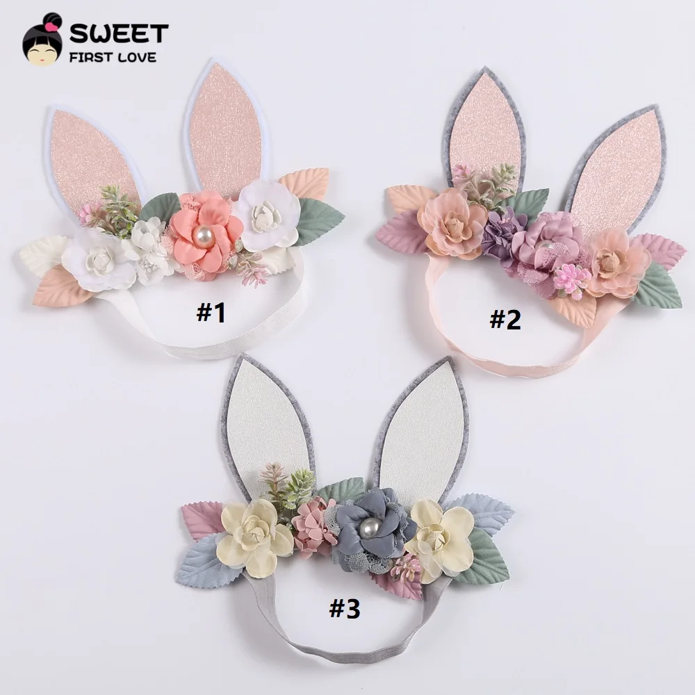 Baby Wide Bunny Ear Floral Headbands Photography Prop Lacehair Bows Bands For Infant Toddler  Hairbands Hair Accessories