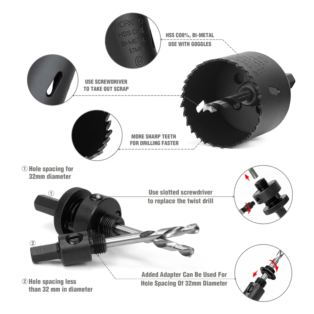 WORKPRO 9PC HSS Universal High Speed Hole Saw Set Carbide High Speed Steel Hole Saw Drill Bits For Woodworking Electric Tools