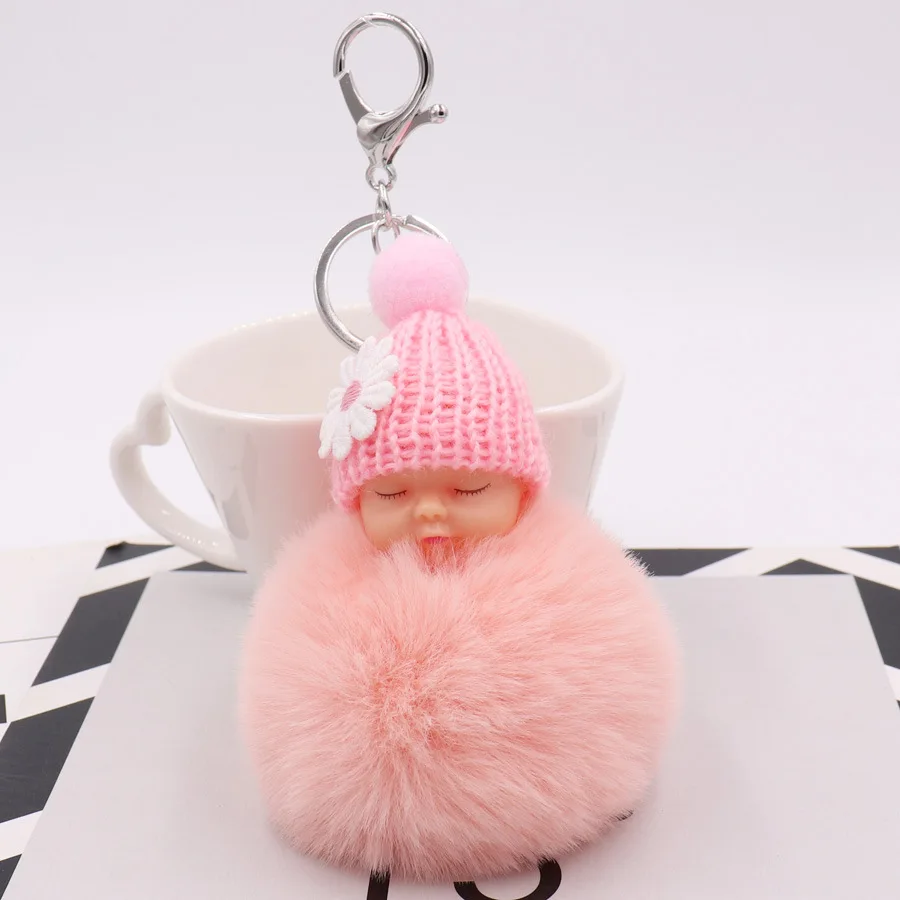 Sleeping Baby Doll Keychain Flower Pom Pom Rabbit Fur Ball Key Chain Fluffy Car Keyring Porte Clef Bag Key Ring