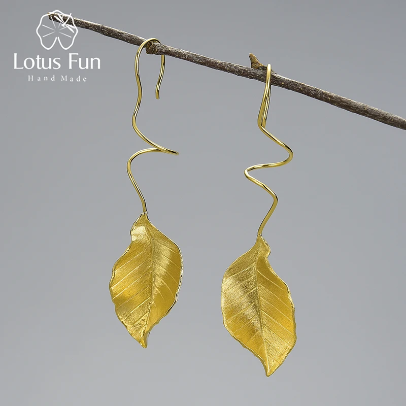 Lotus Fun Elegant Autumn Leaves Dangle Earrings Real 925 Sterling Silver 18K Gold Earrings for Women Gift Handmade Fine Jewelry