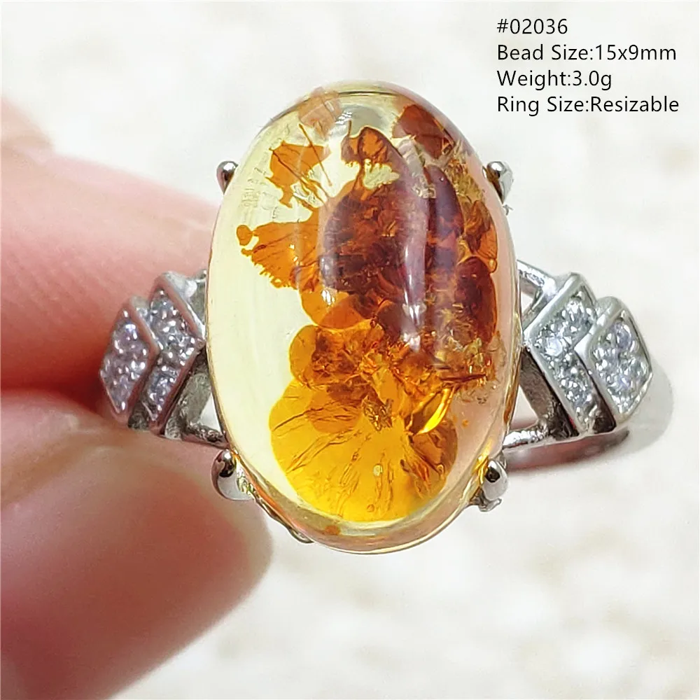 Natural Yellow Piebald Amber Adjustable Ring Amber Gemstone Ring Women Oval Bead Healing Stone 925 Sterling Silver AAAAA