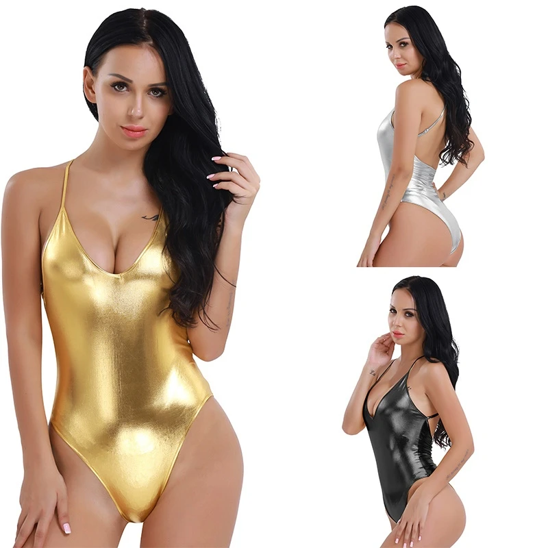 Women Shiny Patent Leather Ballet Leotard Adult Spaghetti Straps Gymnastics Leotard Sexy Bodysuit Stage Dance Costume