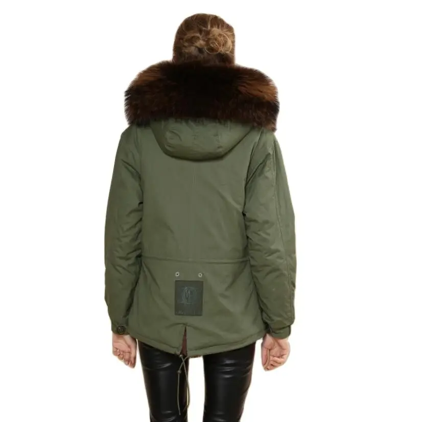 Grote Bruine Wasbeer Bontkraag Korte Uitloper Mrs Bruine Faux Fur Parka Winter Polulaire Jas