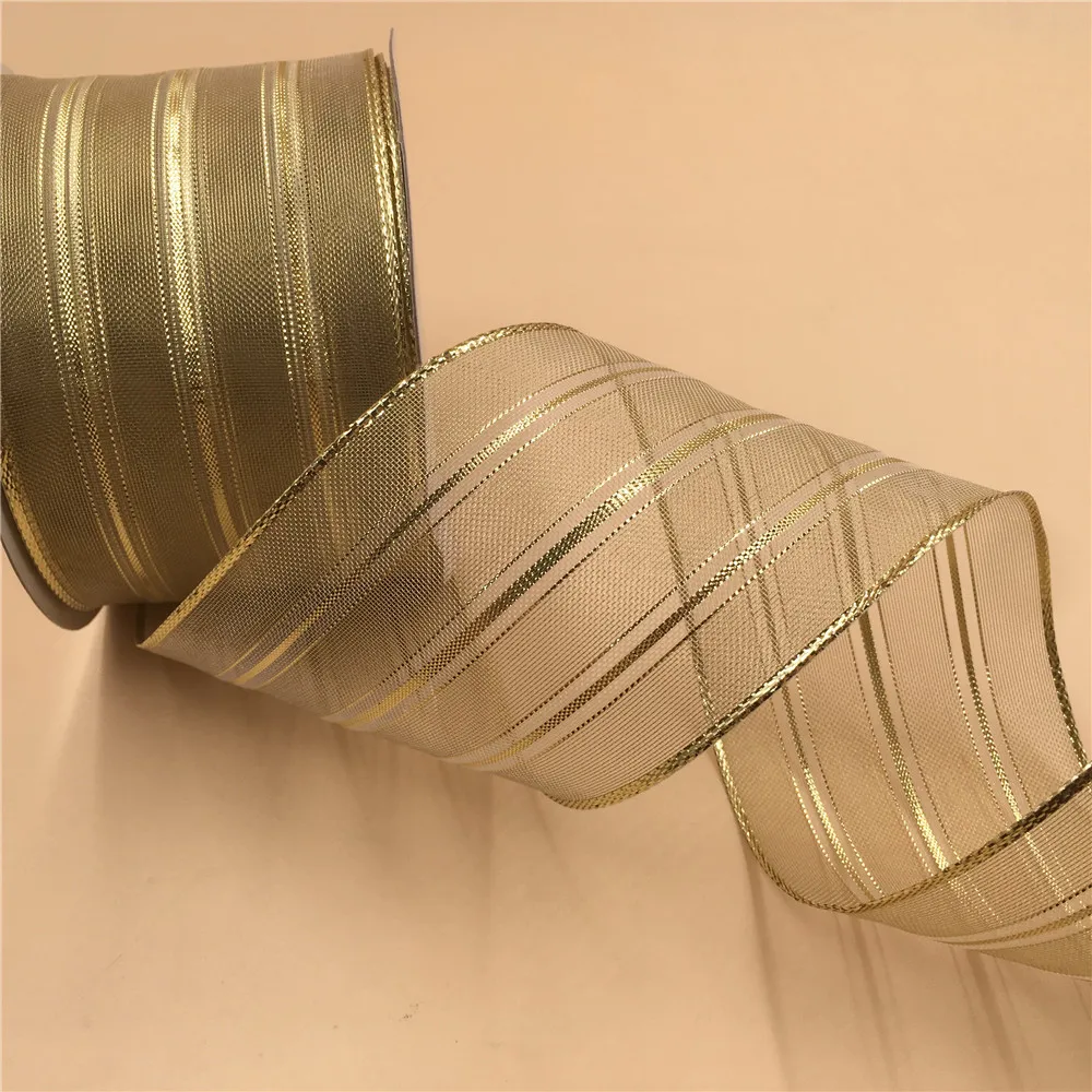 

63MM X 25 Yards Old Golden Organza Stripes WIth Gold Wire Edge Ribbon for Birthday Decoration Gift Wrapping 2-1/2"