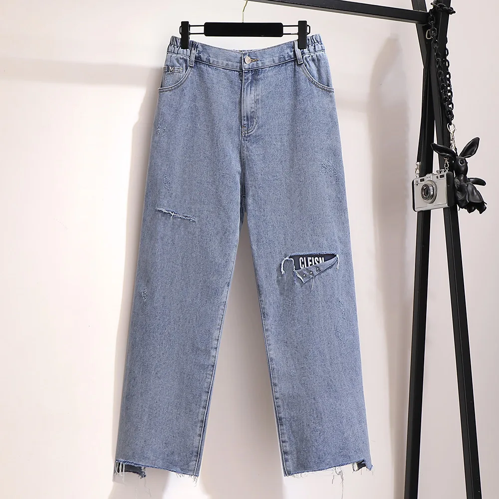 Mới 2021 Thu Đông Plus Kích Thước Quần Jean Nữ Lớn Rời Cotton Màu Xanh Lỗ Thẳng Dài Denim Quần 3XL 4XL 5XL 6XL 7XL