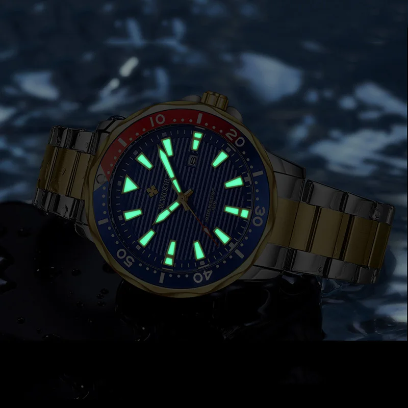 WWOOR 2024 New Luxury Gold Blue Fashion Steel Watch Men Sport Quartz Luminous Waterproof Military Wristwatches Relogio Masculino