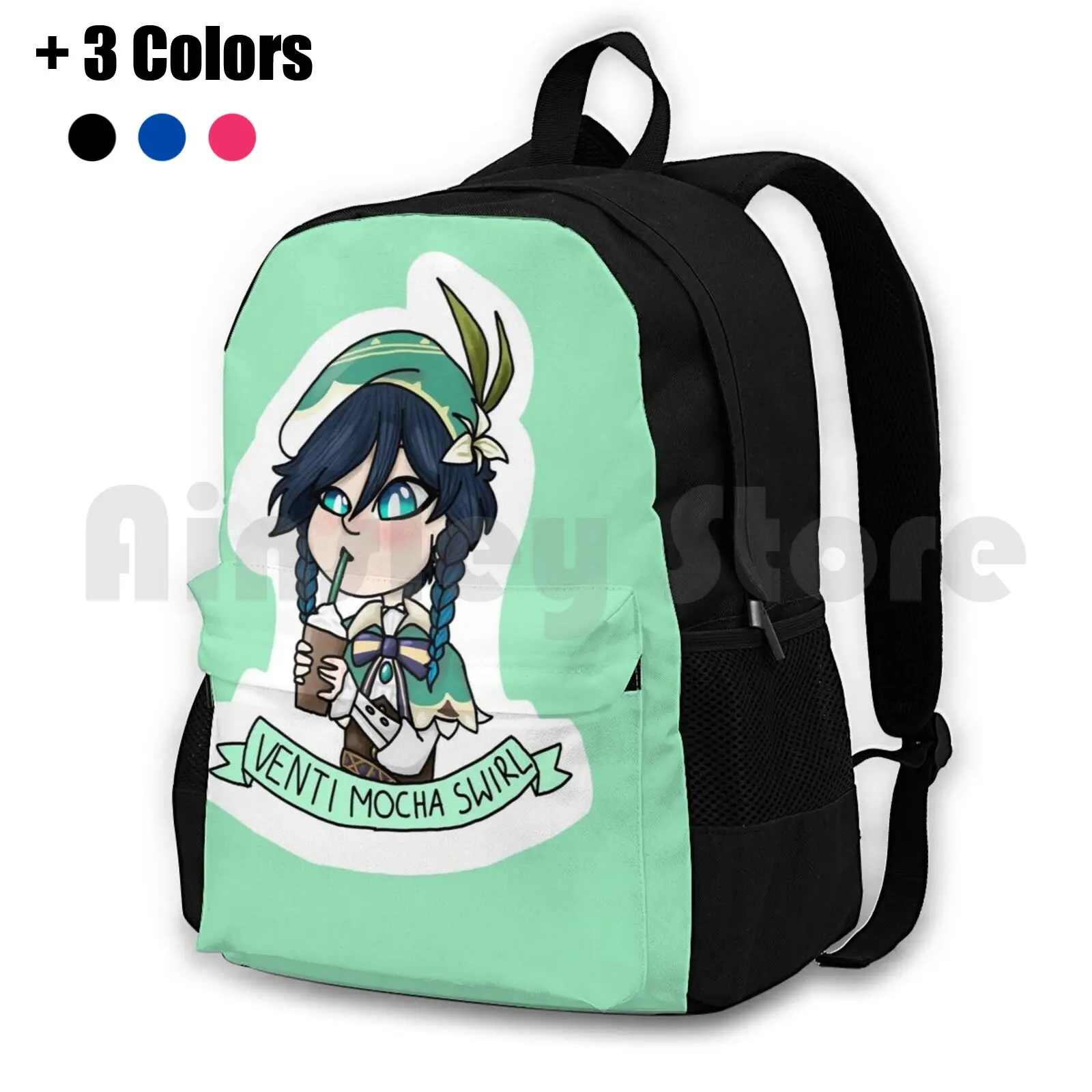 Venti And His Venti Mocha Swirl Outdoor Hiking Backpack Waterproof Camping Travel Genshin Impact Venti Cute Character Barbatos