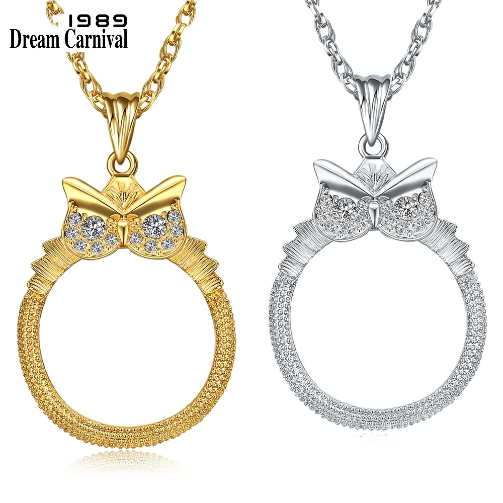 DreamCarnival1989 Women Sweater Necklace 40mm Glass Len Magnifier for Reading 65cm Long Chain Crystal Eyes Owl Jewel Gift P-0016