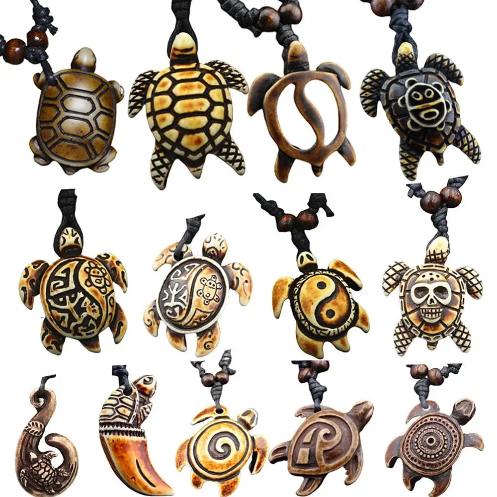 Retro Animal Turtle Pendant Necklace Mens Brown Resin Bone Carving Sea Tortoise Lucky Bead Necklace for Women Girls