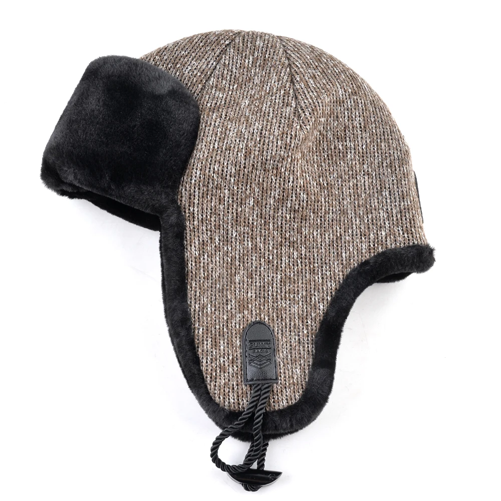 Knitted Bomber Hat For Men Winter Faux Fur Earflap Beanies Outdoor Warm Double Layer Snow Hats High Quality Men's Thick Gorras