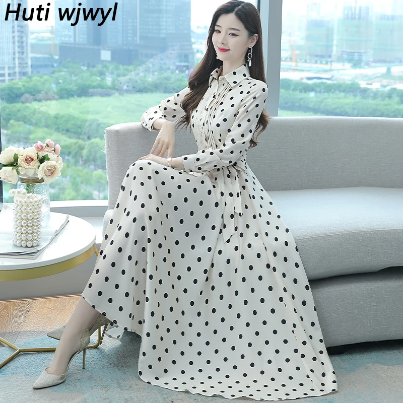 Spring Autumn Oversize Office Lady Shirt Dress Women Bodycon Party Maxi Vestido 2024 Vintage White Dot Chiffon Casual Midi Dress