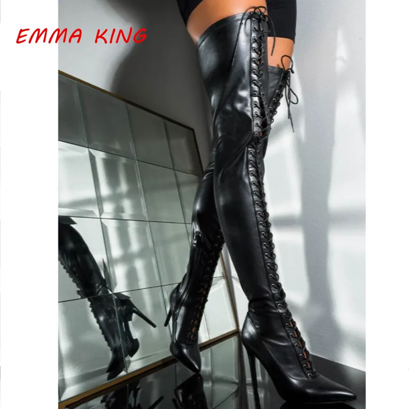 2020 Lace-Up Sexy Women Leather Thigh High Boots Autumn Winter Pointed Toe Stiletto Knight Boots Black Side Zip High Heels Shoes