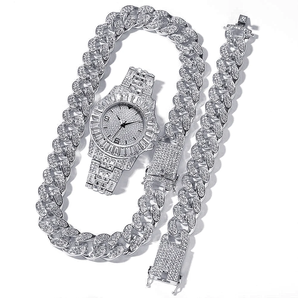 Iced Out-reloj con diamantes de imitación incrustados para hombre y mujer, conjunto de joyería, Gargantilla, cadena cubana, Hip Hop, Miami