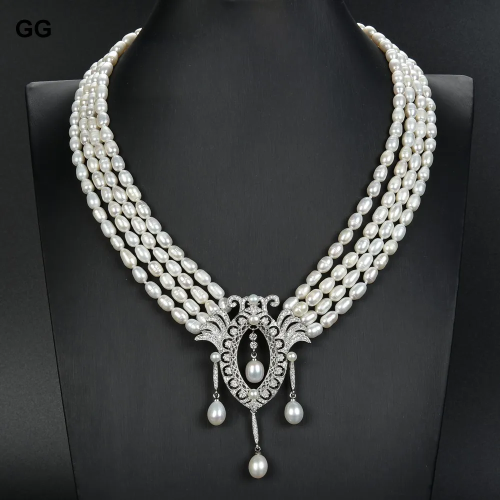 

GuaiGuai Jewelry 4 Strands 18" White Rice Pearl Necklace CZ Pendant