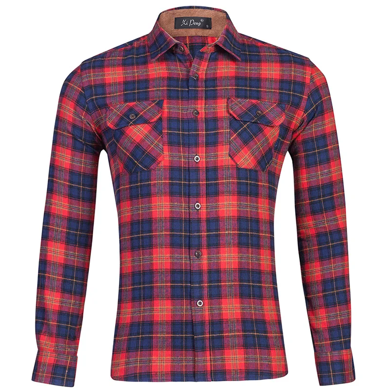 Flannel Plaid Shirts for Men 100% Cotton Checkered Casual Long Sleeve Warm Winter Shirt 2 Pocket Male Clothing Ware EU US Size