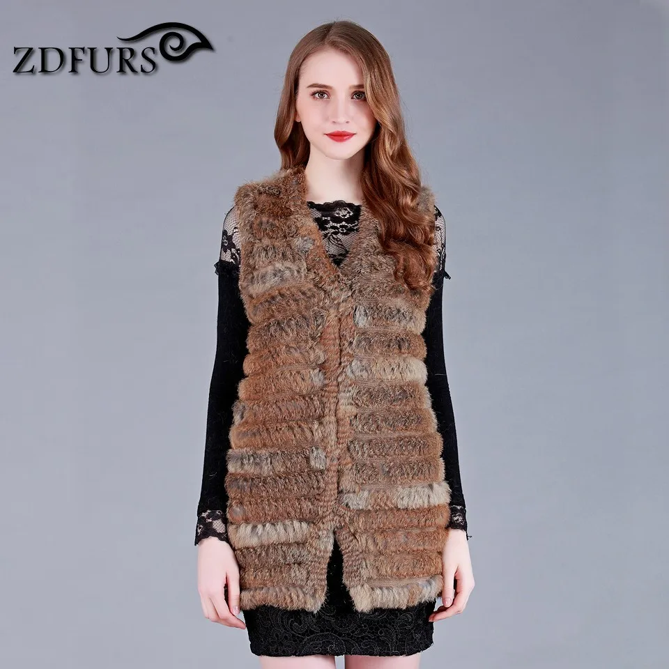 ZDFURS * 2017 New Fashion Real Knitted Rabbit Fur Vest long style Genuine Rabbit Fur sweater Waistcoat Rabbit Fur Gilet