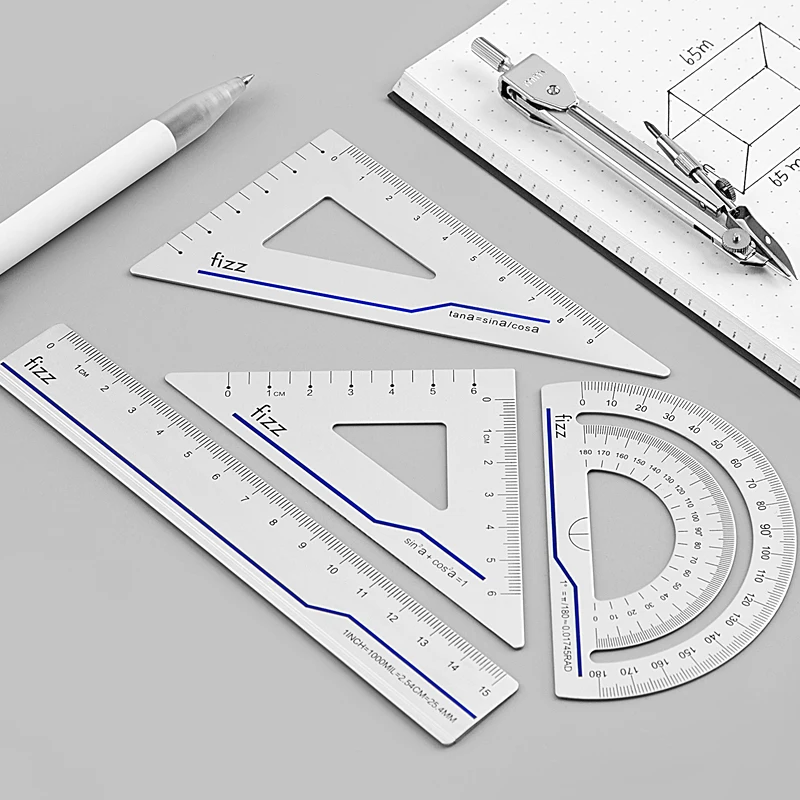 Fizz Matte Legering Heerser Set Briefpapier Regel 4 Stks/set Multifunctionele Heerser Driehoek Gradenboog Voor Tekening Voor School Office