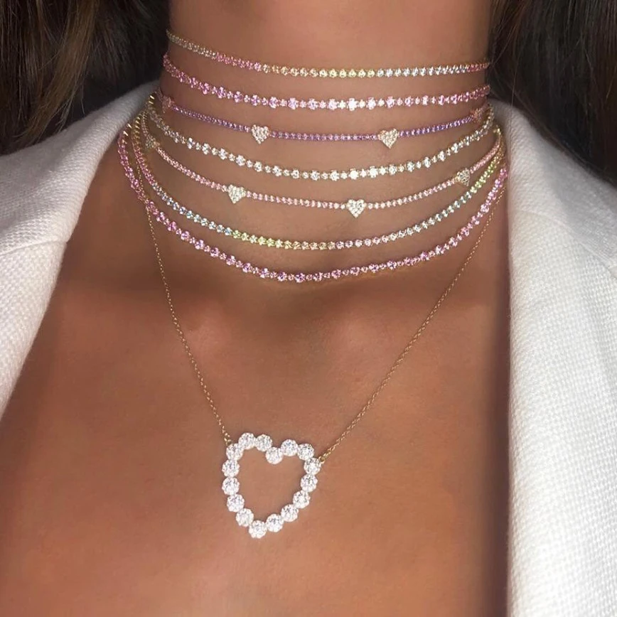 2025 Trendy Pastel Color Cz Heart Shape Jewelry 5 Pcs Cute Sweet Heart Charm Tennis Link Chain Valentines Gift Choker Necklaces