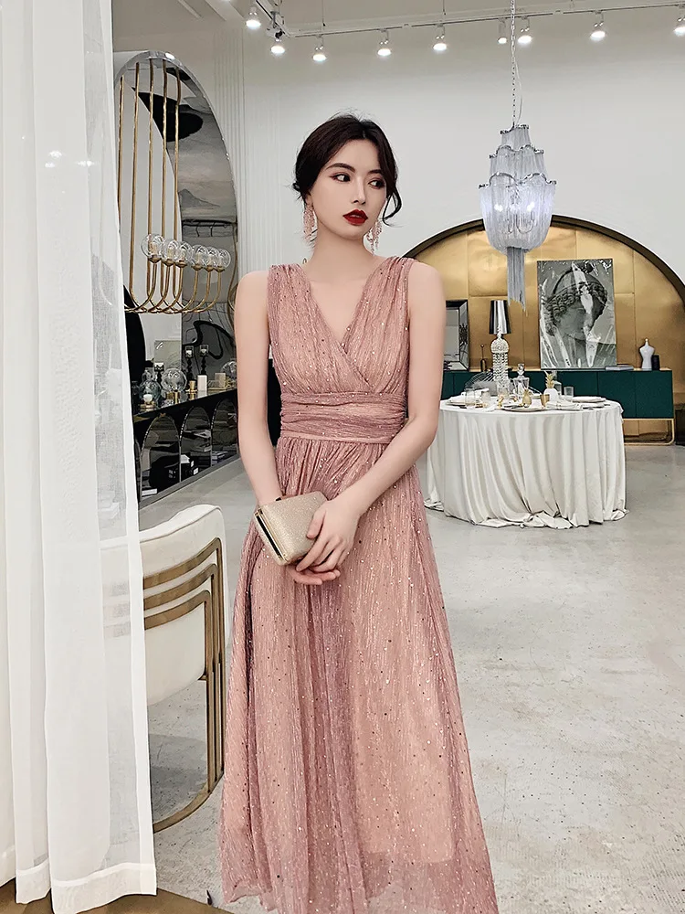 

2020 New Fashion Evening Dress Sexy V-neck Sequins Prom Party Dresses Sleeveless Ankle Length Robe De Soiree Vestido De Festa