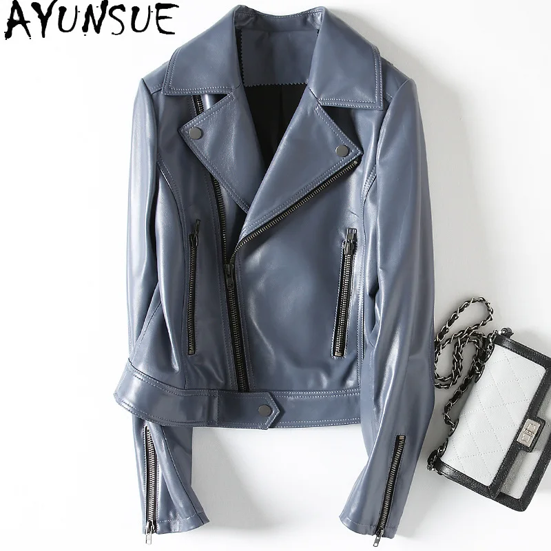 

AYUNSUE Autumn 100% Genuine Sheepskin Leather Jacket Women Spring 2021 Short Blue Biker Jacket for Women Jaqueta Feminina Gxy335