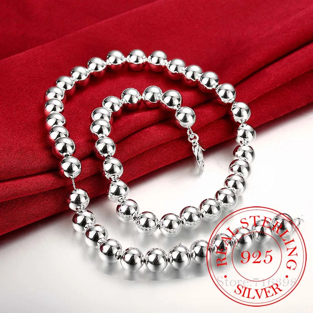 Collar de cadena con cuentas lisas para mujer, de plata esterlina 925, 4mm/8mm/10mm, joyería de compromiso de boda a la moda, envío directo