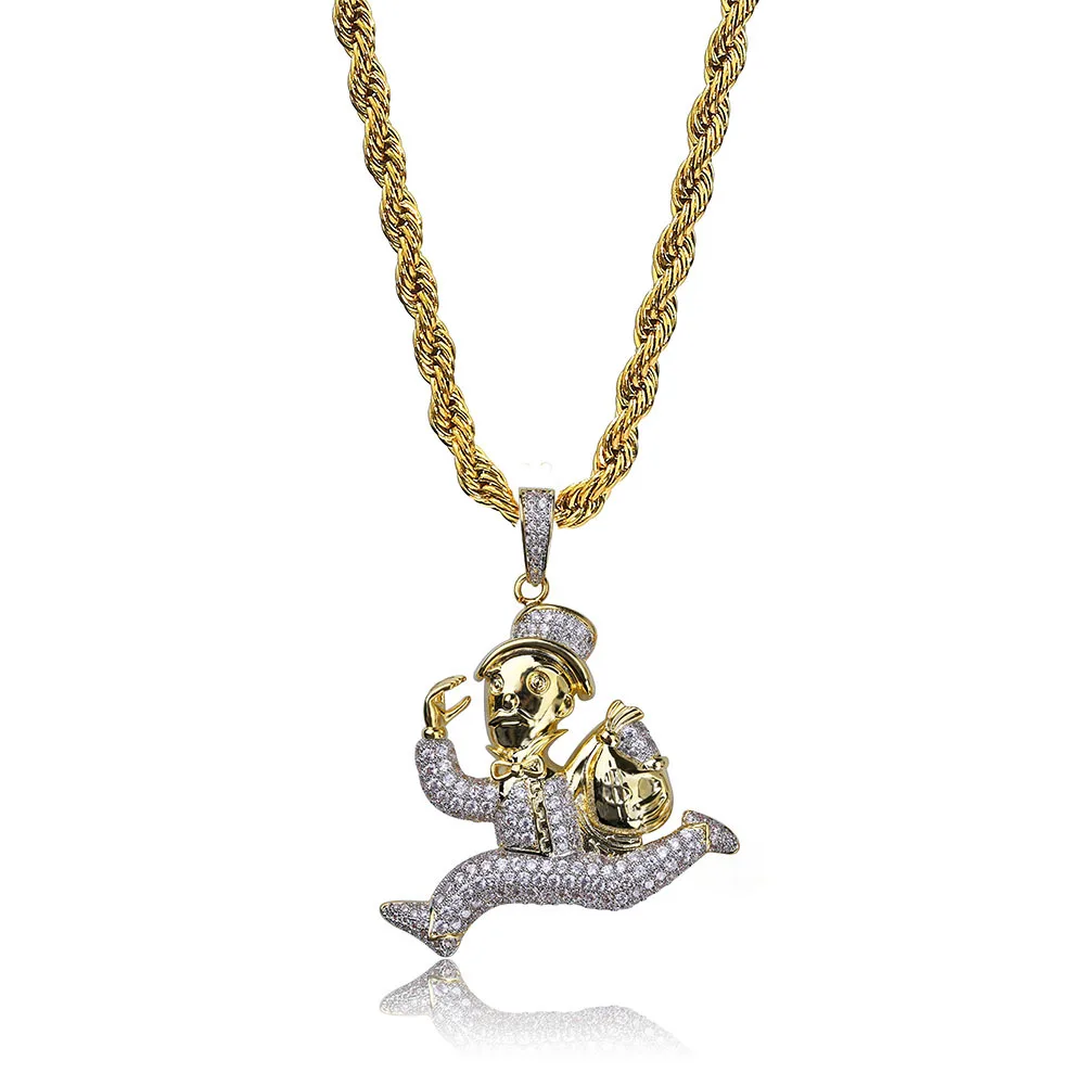 

18K Gold Plated Bling CZ Simulated Diamond Iced Running Doll Pendant Necklace Hip Hop Chain Jewelry for Men Charm Gifts