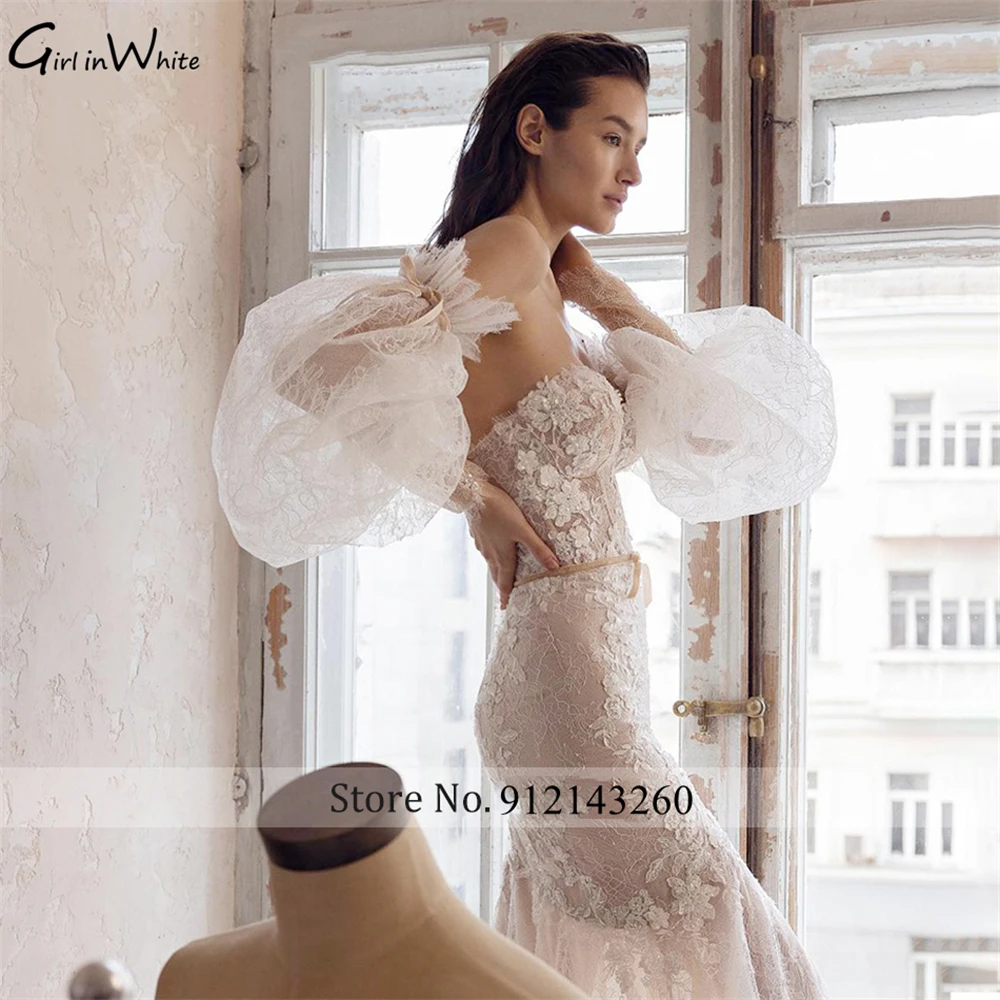 Puff Sleeve Mermaid Wedding Dress 2021 Graceful Strapless Beaded Lace Appliques Backless Bride Removable Bridal Gown