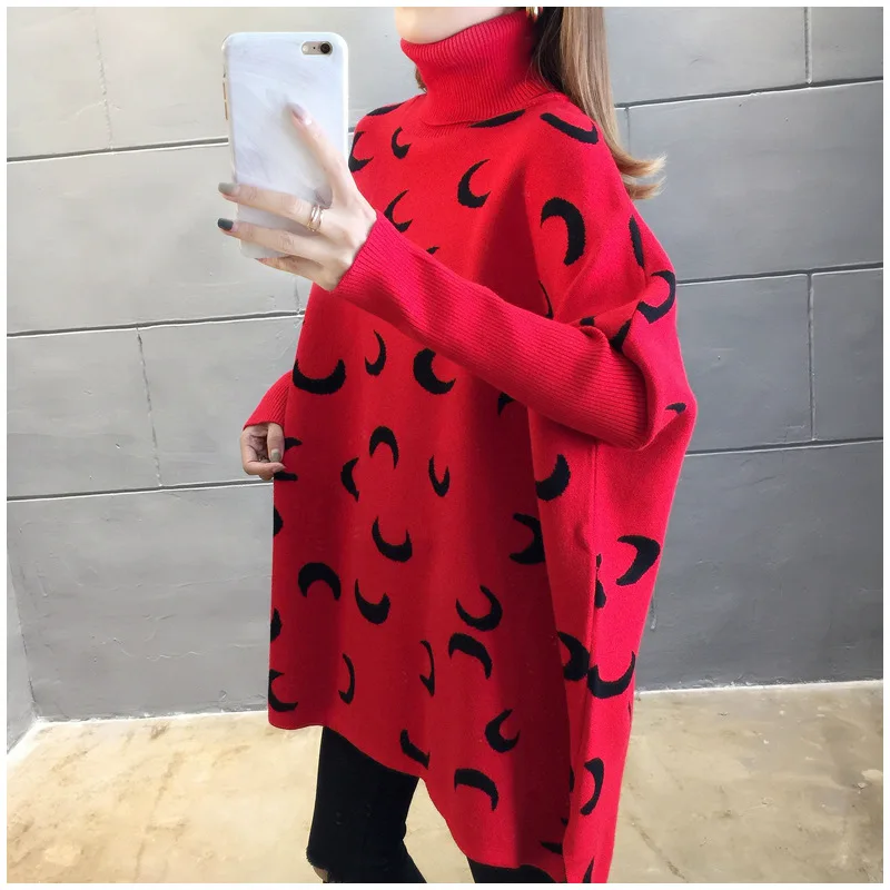 Moon Pattern Colorblock Sweater Femal Bat Sleeve High Collar Loose Large Size Side Slit Mid-length Pullover Jumpers Women Spring