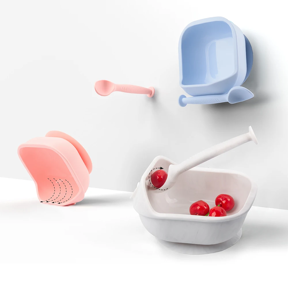 LOFCA 1set Baby Silicone Feeding Bowl Food grade Spill-Proof Suction Rotating Bowl Learning Dishes Tableware Children Plate