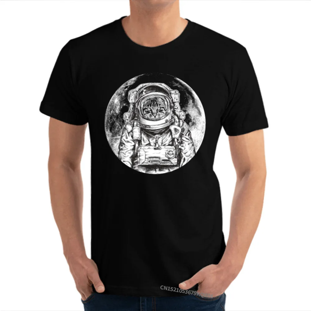 Classic Casual Simple Style T Shirt Cat Astronaut Outer Space Moon Cool Tshirts 100% Cotton Tops T Shirt for Men T-shirts Normal