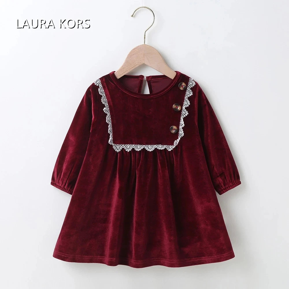 Winter 2023 Girls Dress Girls Cute Velvet Long Sleeve White Lace Claret Cute Preepy Look Birthday Party Dresses Vestidos 0-24M