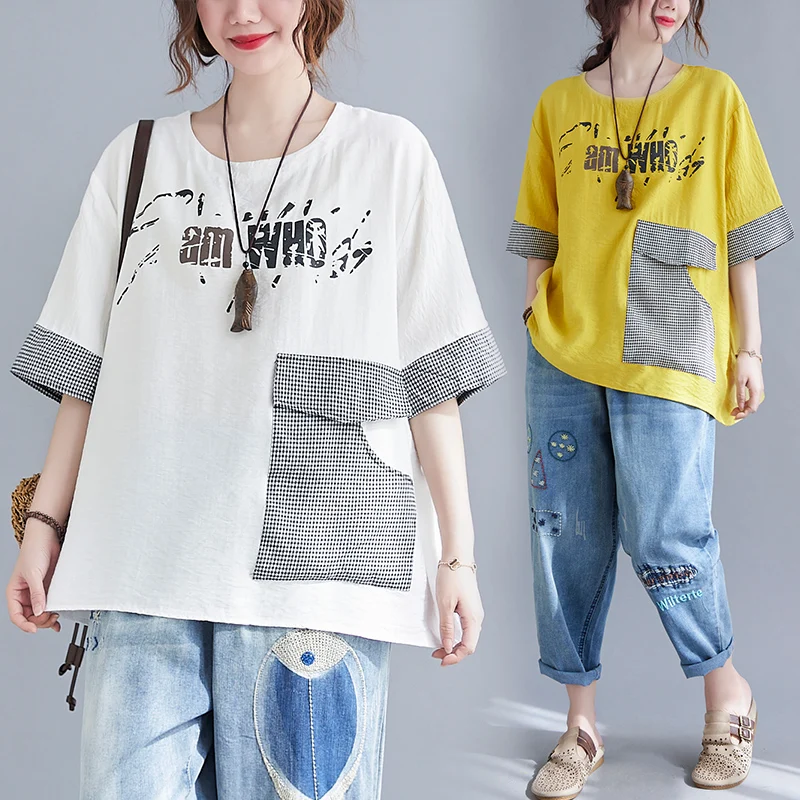 Oversize T-Shirt For Women Elegant Sweet Personalize Letter Printing Patchwork Tops Plaid Pocket Loose Half Sleeve O-Neck Tees