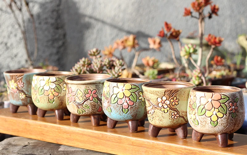 Horticultural Hand-painted Fleshy Plant Pot Rough Pottery Korean-style Simple Small Old Pile Air Permeable Thumb Pot Ceramics