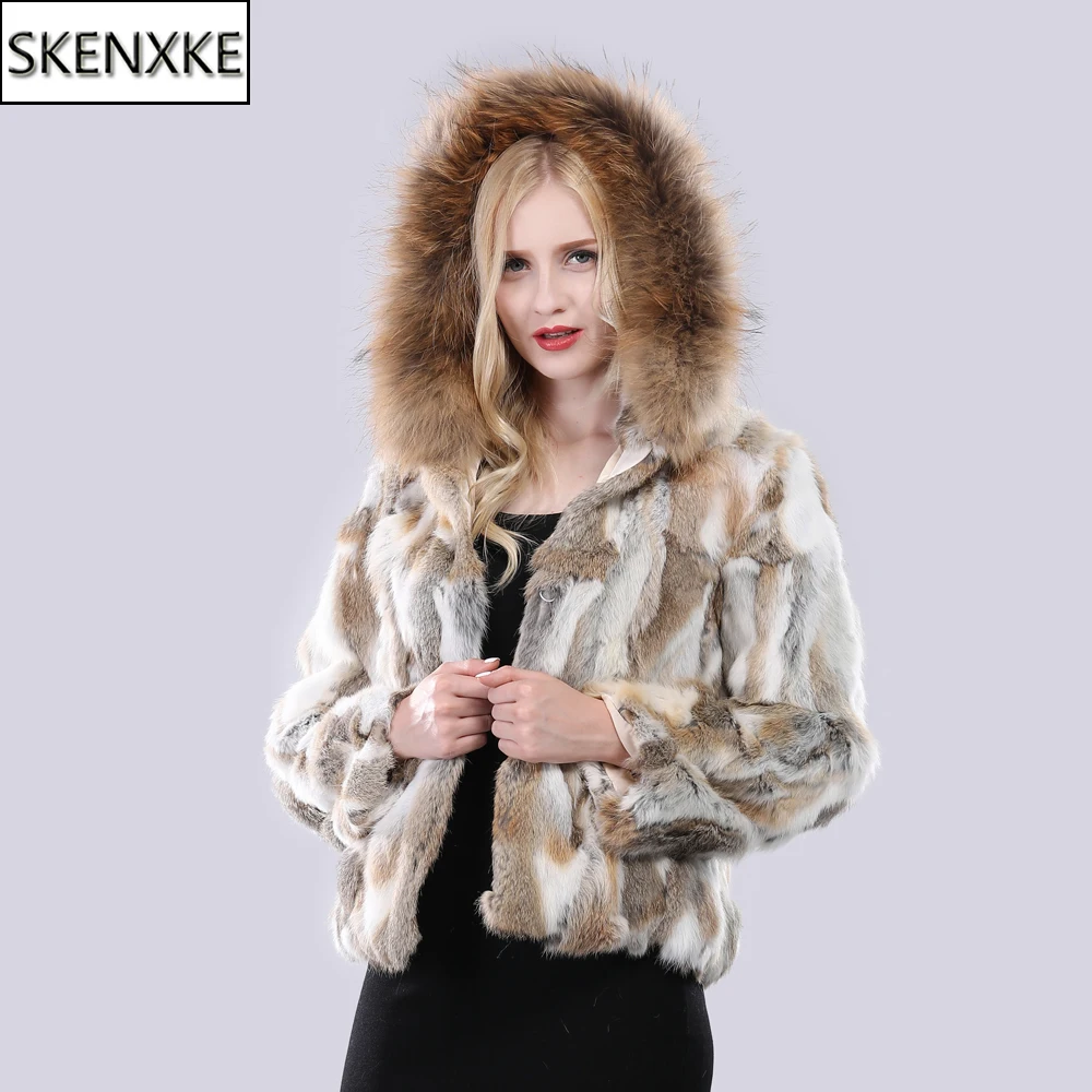 

Winter Women Real Rabbit Fur Hooded Coat Natural Rabbit Fur Jacket With Raccoon Fur Collar Russia Lady Warm Real Fur Outerwear