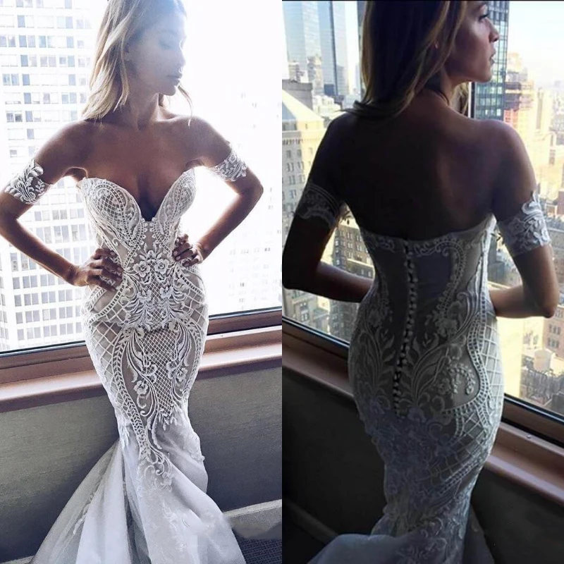 Sexy sereia vestido de casamento de renda para noiva nua e marfim querida strapless voltar botões longos vestidos de noiva de novia