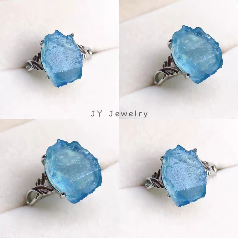 

Natural Blue Aquamarine Crystal Adjustable Ring 925 Silver 18x13mm Clear Aquamarine Raw Material Beads Ring AAAAA