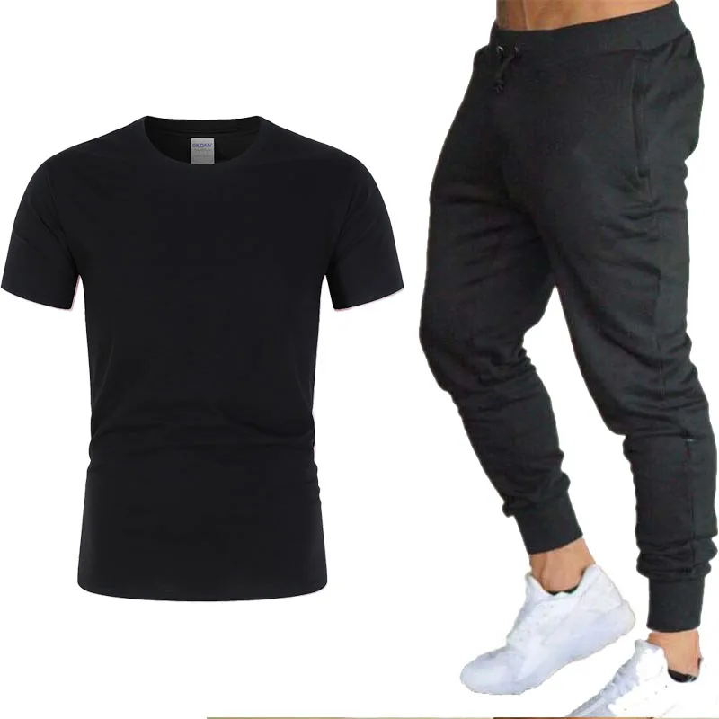 Classic Men Casual Fashion 2 PCS Sweat Suit Striped Short Sleeve T-shirt Pants Sets Male Sportswear Tracksuit Summer Sportsuit