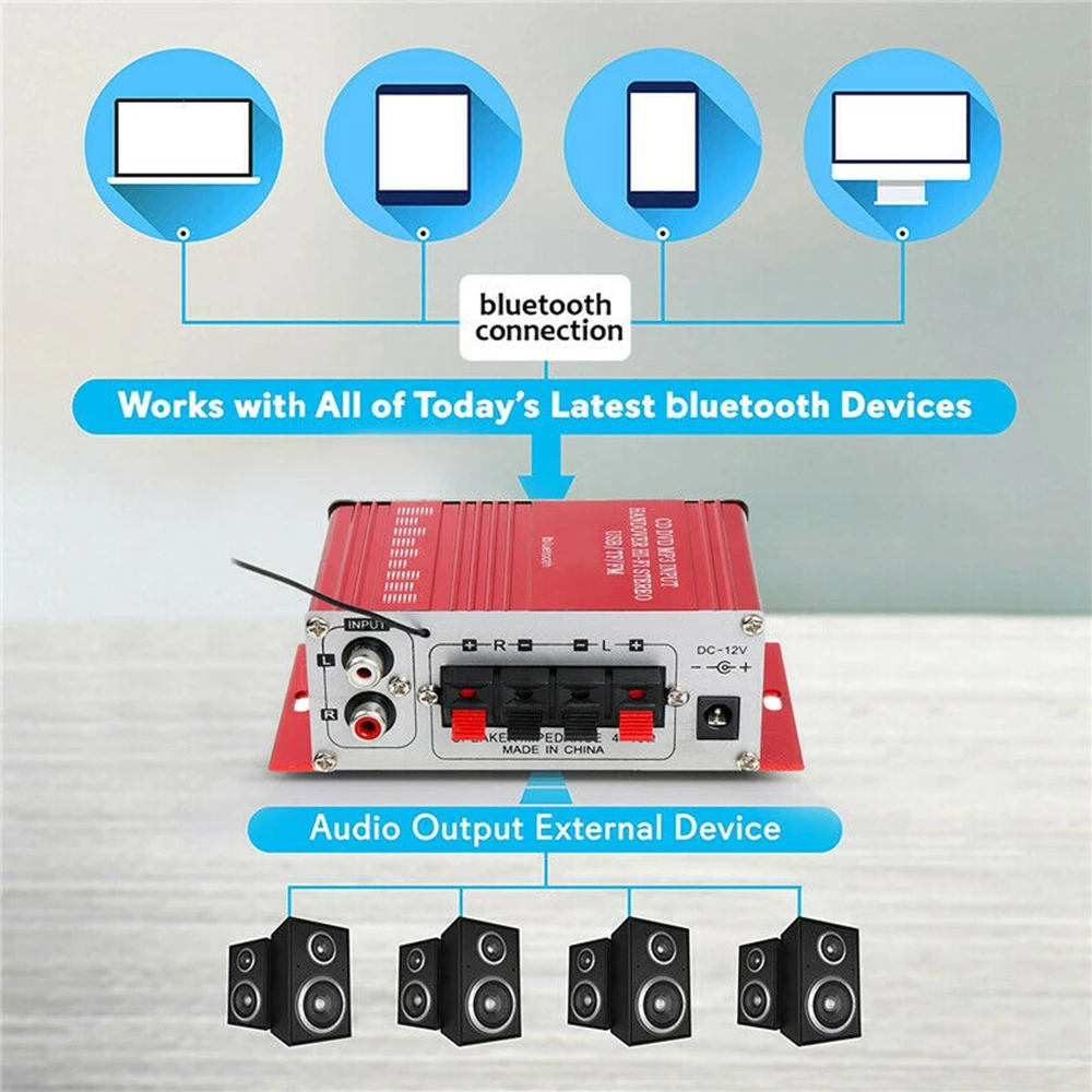 12V 200W แบบ Dual Bluetooth Power Amplifier 2.0เสียง HiFi เครื่องขยายเสียงรีโมทคอนโทรลสำหรับรถบ้าน