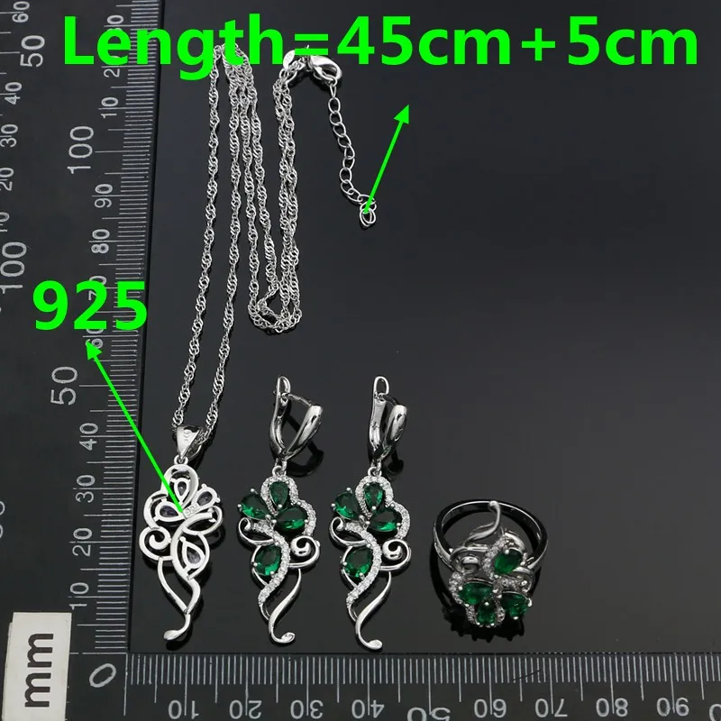 Verde Pietre In Argento Sterling 925 Set di Gioielli Da Sposa Per Le Donne Pendente Dell'anello Degli Orecchini Della Collana Del Braccialetto Kit