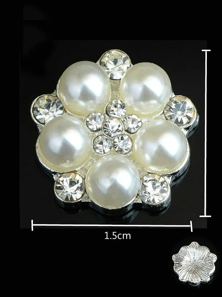 10Pcs/Lot 15mm Flower Rhinestones Pearl Alloy Silver Buttons for Hair Bow DIY Accessories Wedding Decoration Invitation Buttons