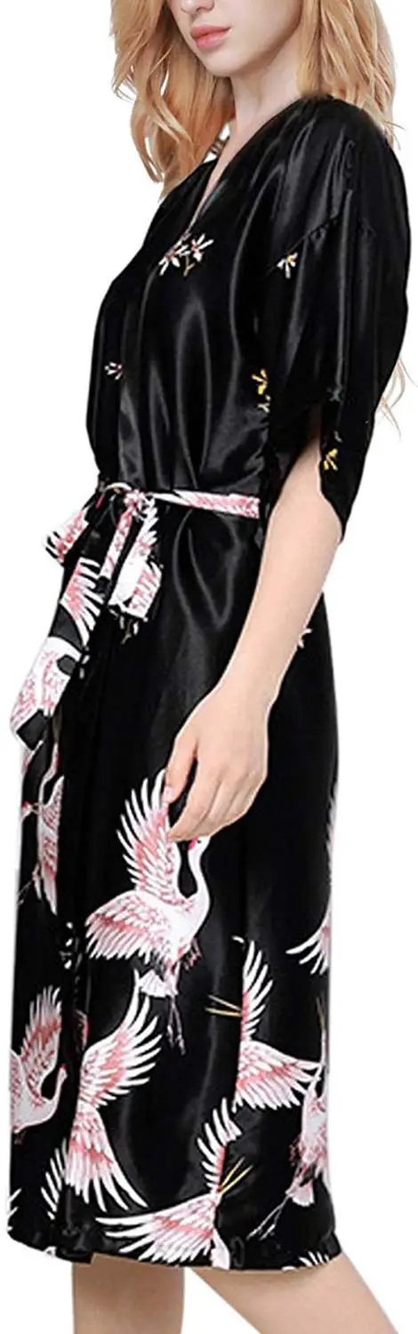 Albornoz Kimono de satén negro para mujer, bata de boda para dama de honor, vestido Sexy de flores, ropa de dormir larga, M-3XL de verano, gran