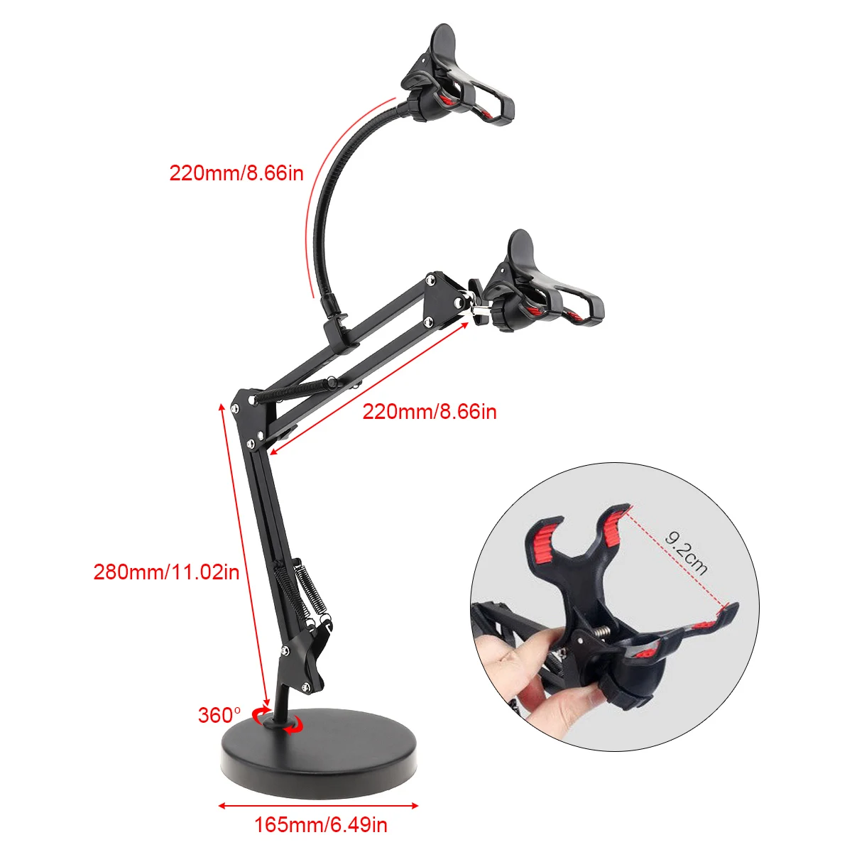 Extendable Double Cell Phone Holder with Suspension Boom Scissor Long Arm Mount Stand for Broadcast Studio Video Chatting