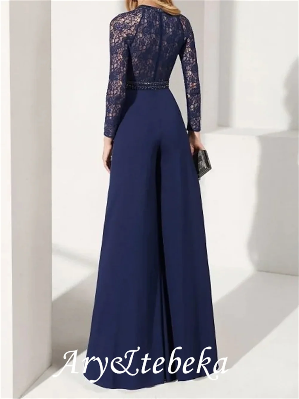 Jumpsuits Elegant Wedding Guest Formal Evening Dress Jewel Neck Long Sleeve Floor Length Chiffon with Sash / Ribbon Beading