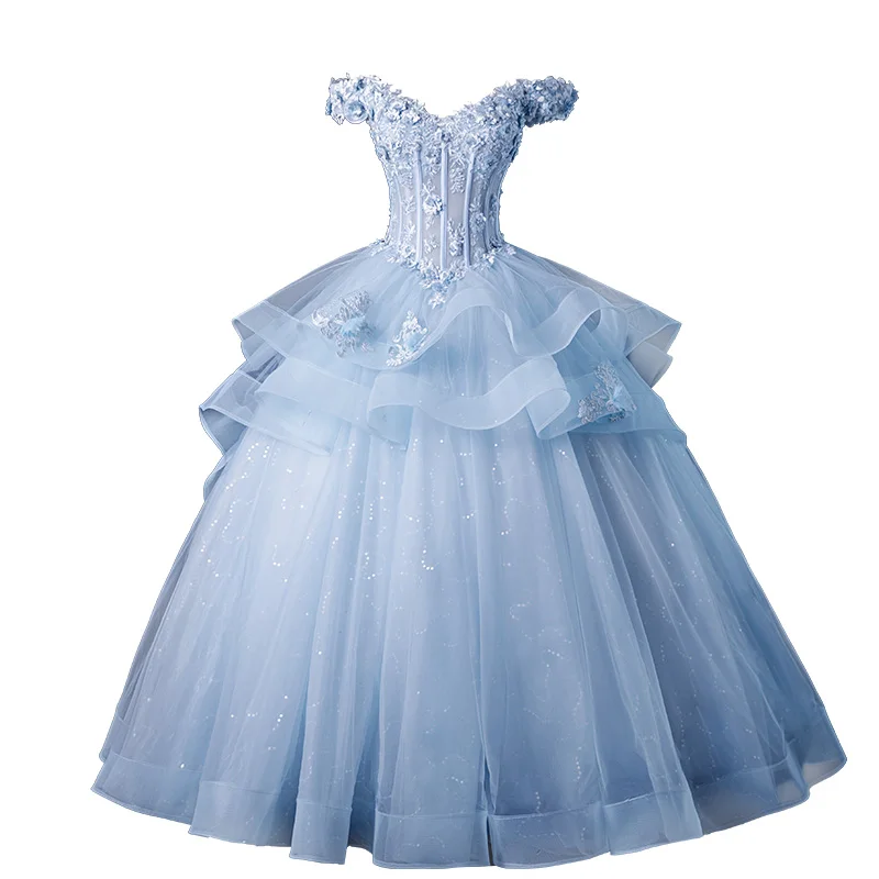 luxury light blue beading flower embroidery ball gown princess/queen Medieval Victorian Ball stage performance/event/studio