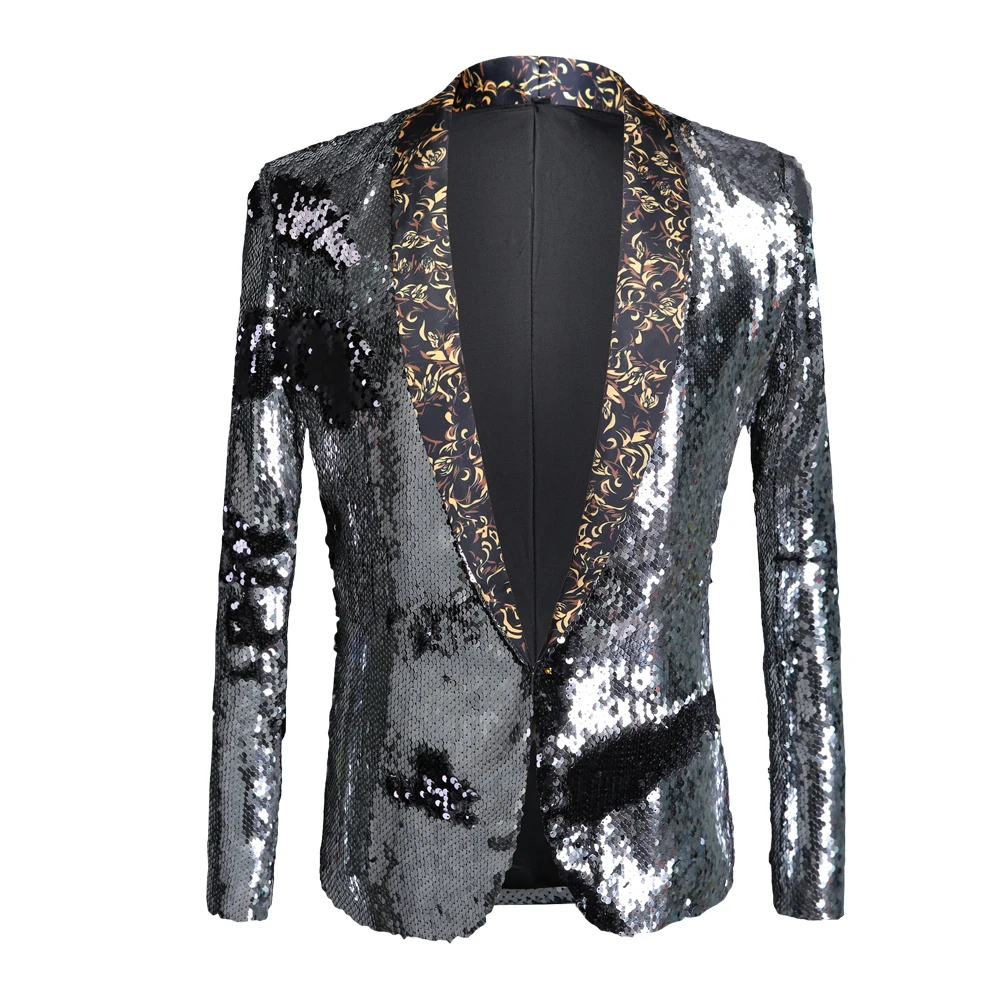 Autumn and winter new men\'s two-color sequins slim suit stage costume nightclub bar DJ singer blazer performance clothing