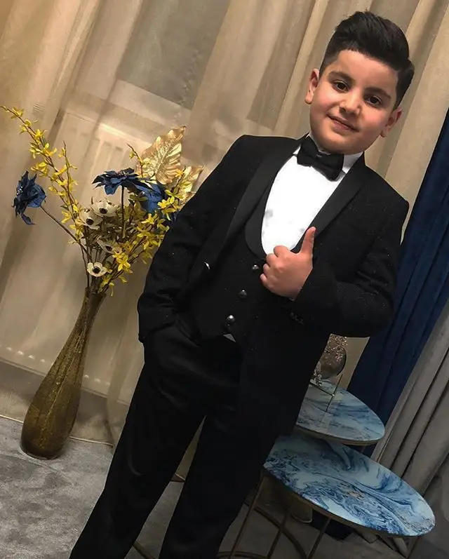 Conjunto de calça xale bonito de casamento infantil, 3 peças, calça de lapela xale, roupa formal de menino bonito (jaqueta + colete + calça), novo, 2020